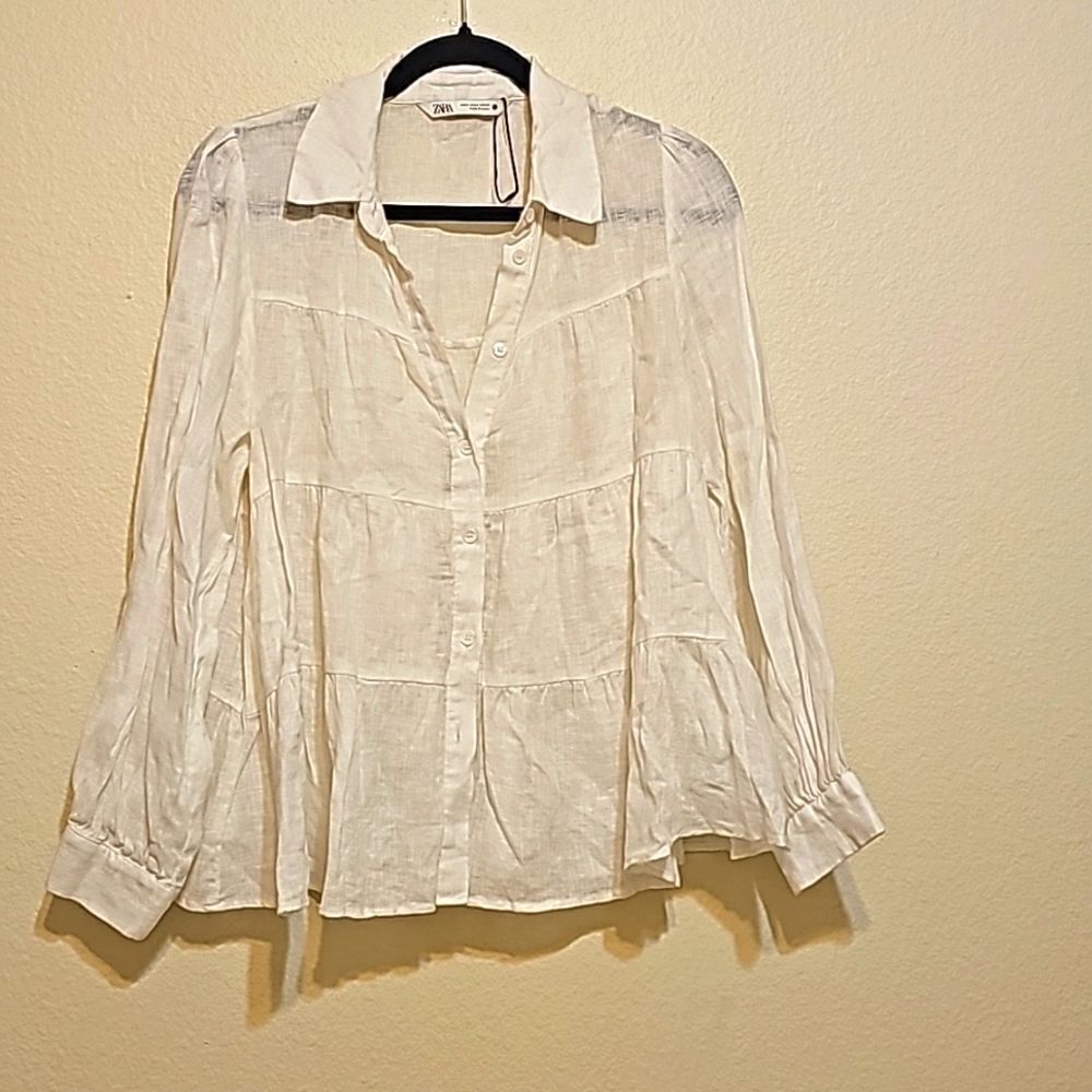 ZARA LINEN TIERED BLOUSE SIZE M